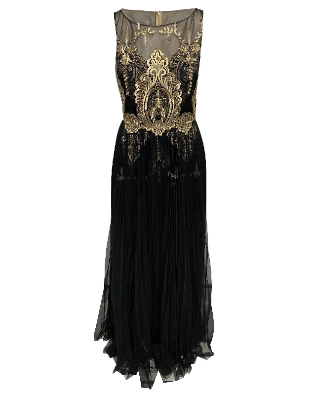 Classy Style Discounts Marchesa Notte Lace Evening Gown in Black and Gold Polyester Luxe Layering