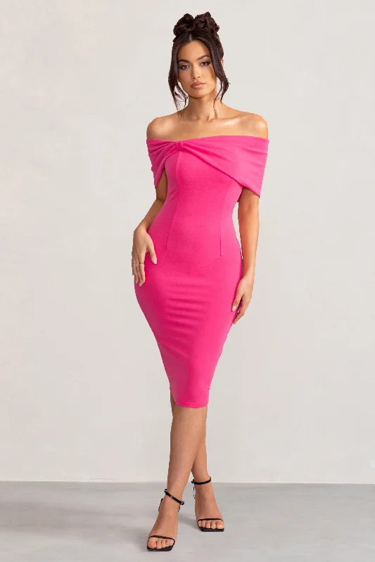 Crazy Price Slashing Alyssa | Hot Pink Bardot Bow Detail Midi Dress Limited - Edition Drops