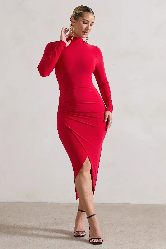 Winter Warehouse Sale Soha | Red High-Neck Wrap Midi Dress Effortless Comfort