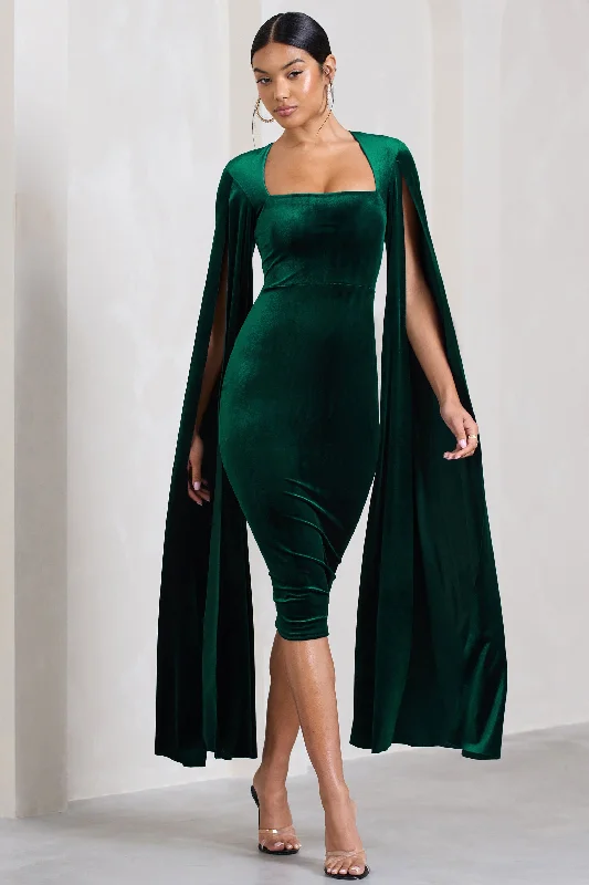 Best Sellers Flawless | Bottle Green Velvet Square Neck Midi Dress With Cape Sleeves Ethnic Cultural Event Wear