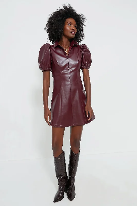 Athleisure Style Sale Burgundy Front Zip Faux Leather Mini Dress Formal Outfit