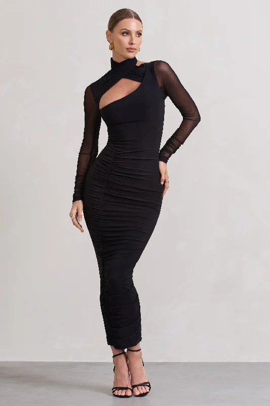 Popular Collection Under Wraps | Black Ruched Cut Out Long-Sleeve Midi Dress Boho - Chic Festival - Ready Style