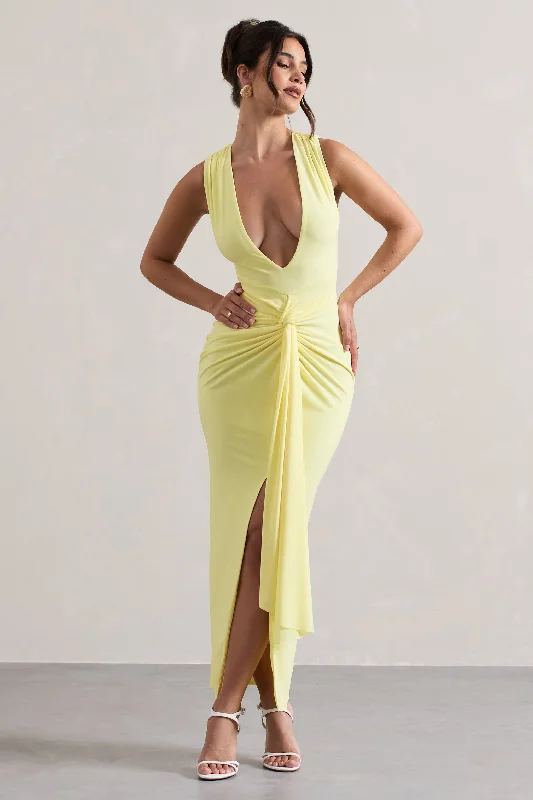 Comfort Meets Fashion Santana | Lemon Plunge-Neck Split Maxi Dress With Knot Detail Casual Weekend Relaxed Style