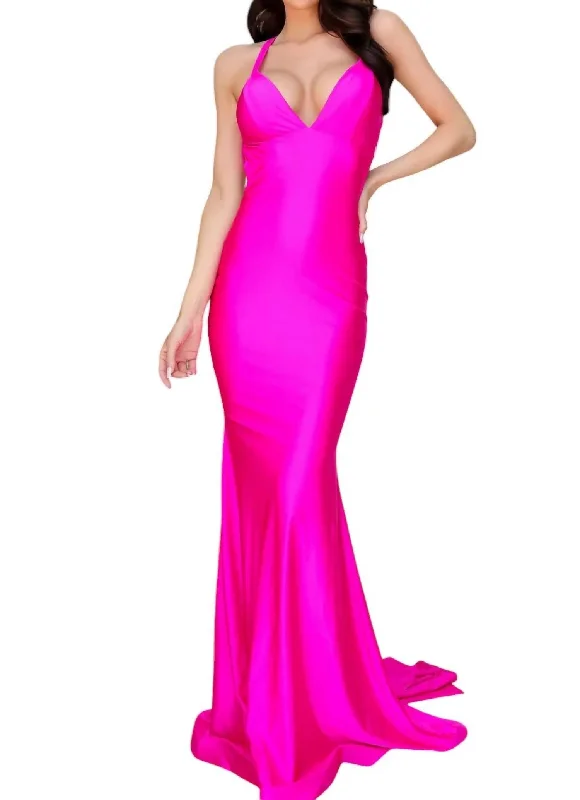 Fashion Sale Deep V-Neck Jersey Long Gown In Dark Fuchsia Flash Sale