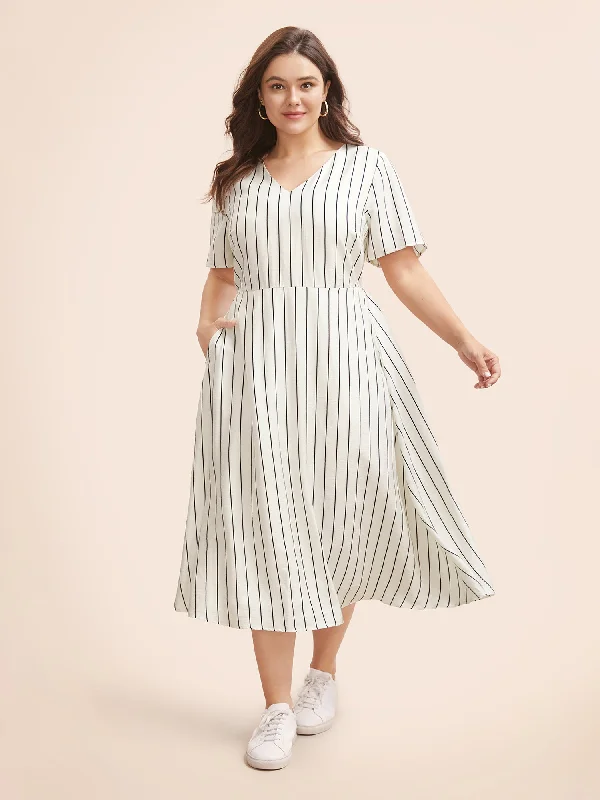 Mega Sales Striped V Neck Pocket Midi Dress Grab Romantic Date - Night Styles Now