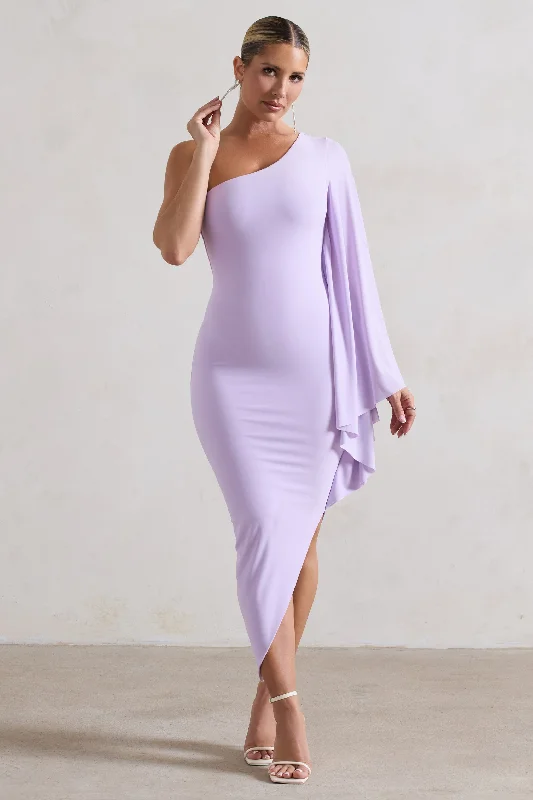 Glamorous Fashion Offers My Level | Lilac Asymmetric One Shoulder Cape Sleeve Midi Dress Contemporary Chic