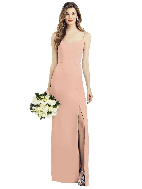 Bold Style Discounts Spaghetti Strap V-Back Crepe Gown with Front Slit Minimalist Elegant