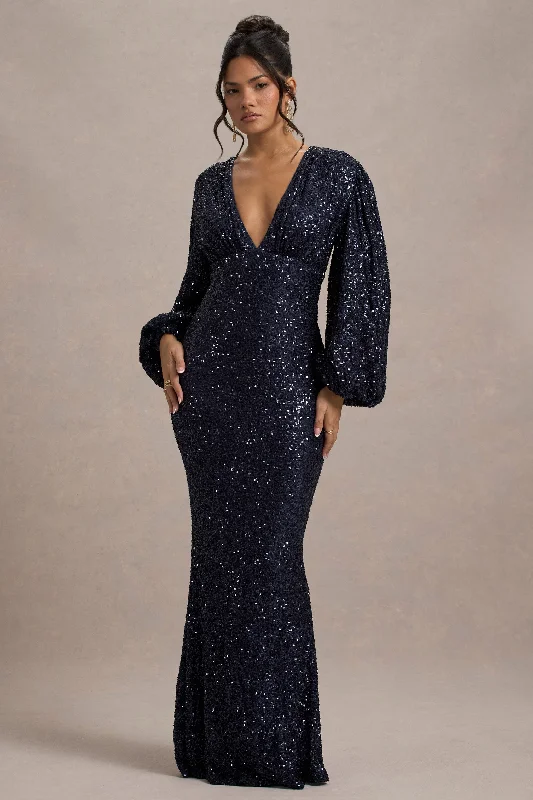 Big Savings Kaelin | Navy Sequin Plunge-Neck Maxi Dress Bohemian Vibe