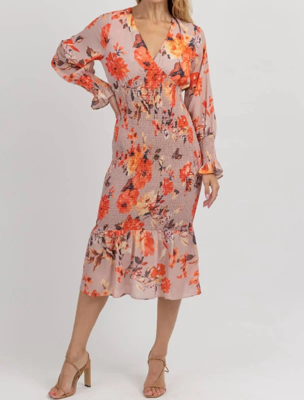 Essentials On Sale Floral Puff Smock Maxi Dress In Coral Minimalist Office - Ready Style