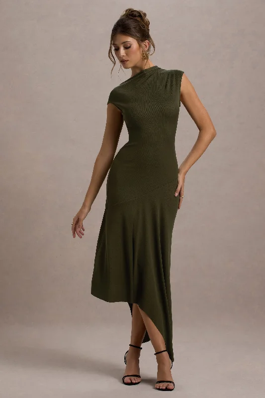 Style Without Limits Ondine | Khaki Asymmetric Draped Midi Dress Feminine Elegant