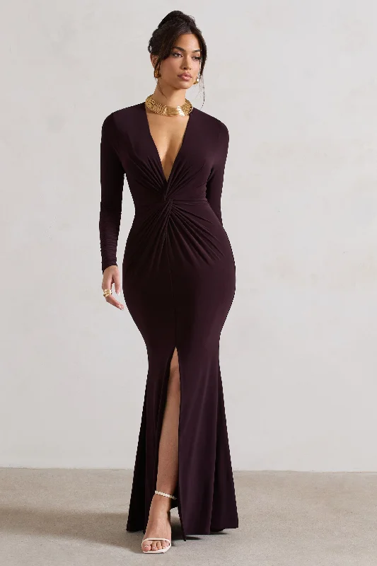 Seasonal Style Discounts Tianna | Dark Plum Plunge-Neck Twisted Split Maxi Dress Bold Silhouette