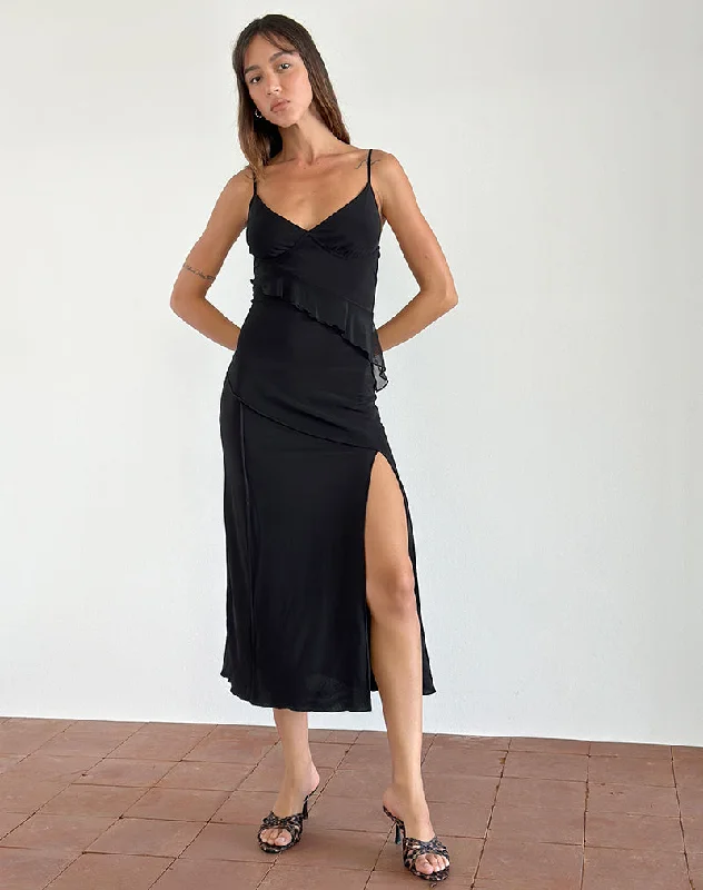 Mega Sales Jacy Ruffle Midi Dress in Mesh Black Graceful Cut