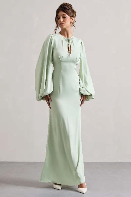 Edgy Fashion Deals Wild Rose | Light Green Puff-Sleeve Cut-Out Maxi Dress Elevated Style