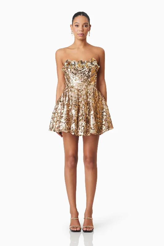 Hot Trends Alisha Strapless Fit & Flare Mini Dress In Gold Elegant Contour