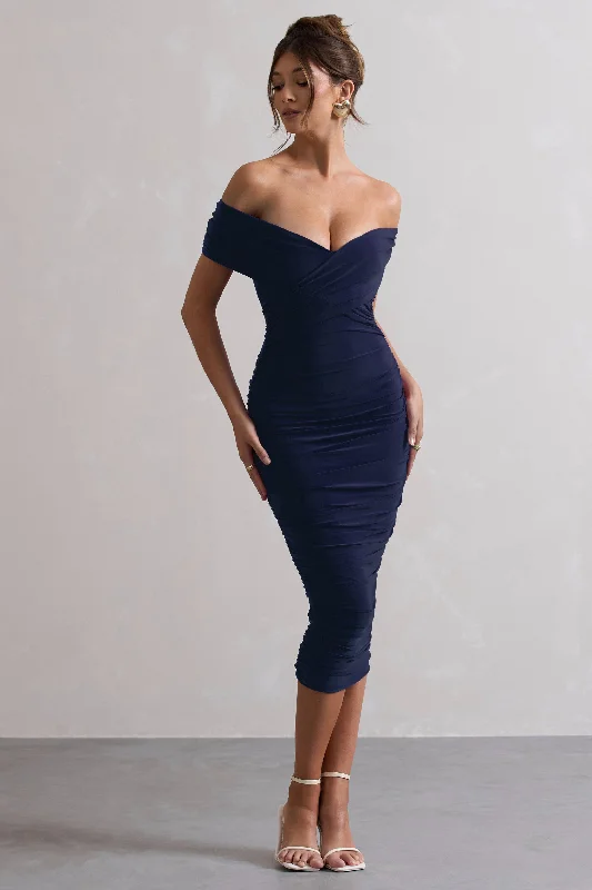 Timeless Elegance Sale Unwrapped | Navy Ruched Twist Bardot Midi Dress Bold Patterns