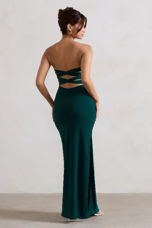 Summer Deals Manon | Bottle Green Sweetheart Bandeau Maxi Dress With Thigh Split Weekend Special