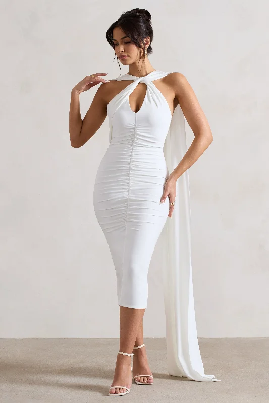 Flash Sale, Don'T Miss Freedom | White Strappy Asymmetric Cut-Out Midi Dress With Cape Formal Outfit