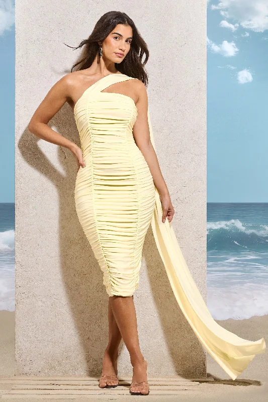 Limited Time Deal Realign | Lemon Ruched One Shoulder Midi Dress With Sash Chic Allure