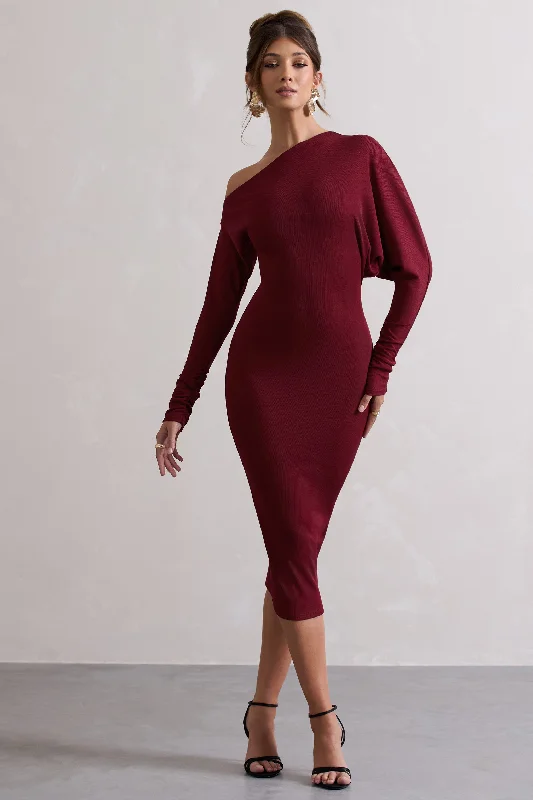 Discover Now Thora | Berry Rib Knit One-Shoulder Midi Dress Feminine Soft - Hued Look