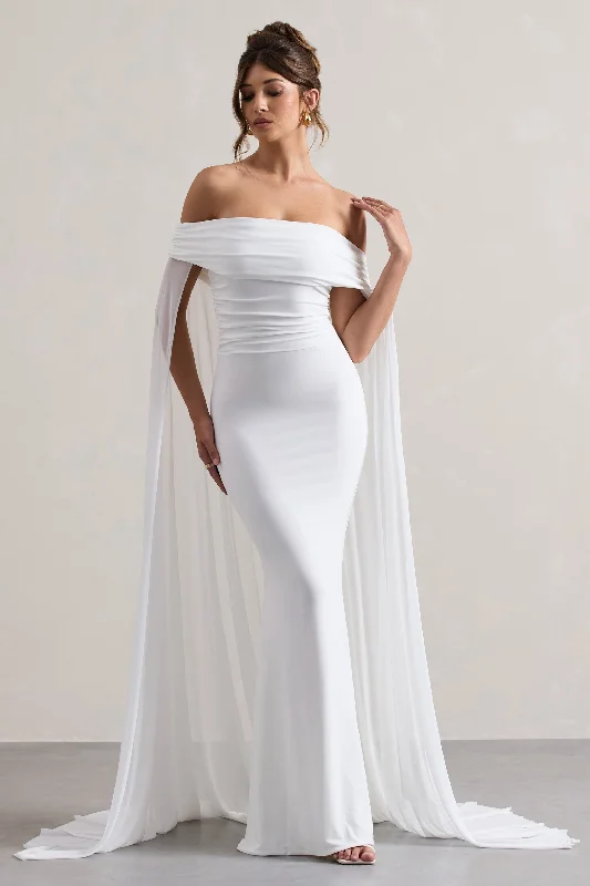 Affordable Luxury Fashion Carlotta | White Bardot Maxi Dress With Chiffon Cape Subtle Sophistication