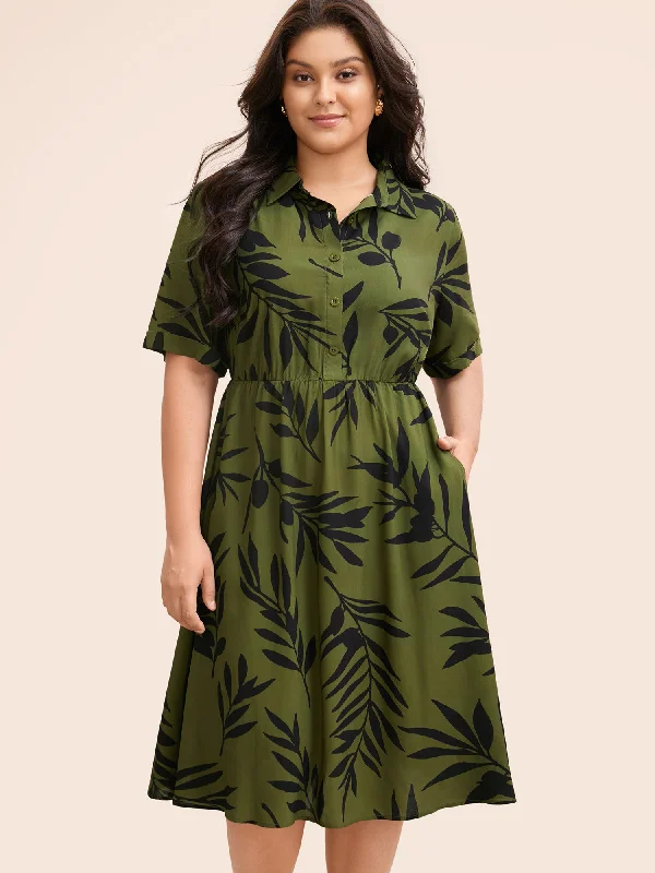 Explore What'S New Tropical Print Shirt Collar Midi Dress Luxury Style