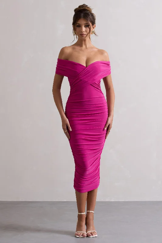 Fresh Fashion Discounts Unwrapped | Dark Pink Ruched Twist Bardot Midi Dress Charming Silhouette