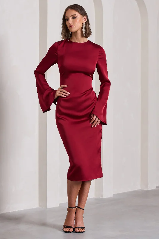 Valentine's Special Zaina | Burgundy Long Sleeve Midi Dress with High Neckline Sophisticated Cut