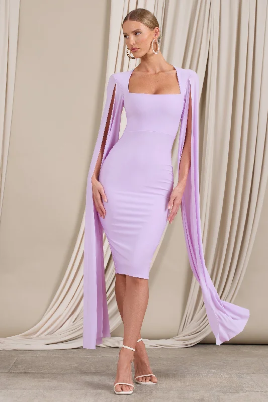 Mega Sale Flawless | Lilac Square Neck Midi Dress With Cape Sleeves Bold Patterns