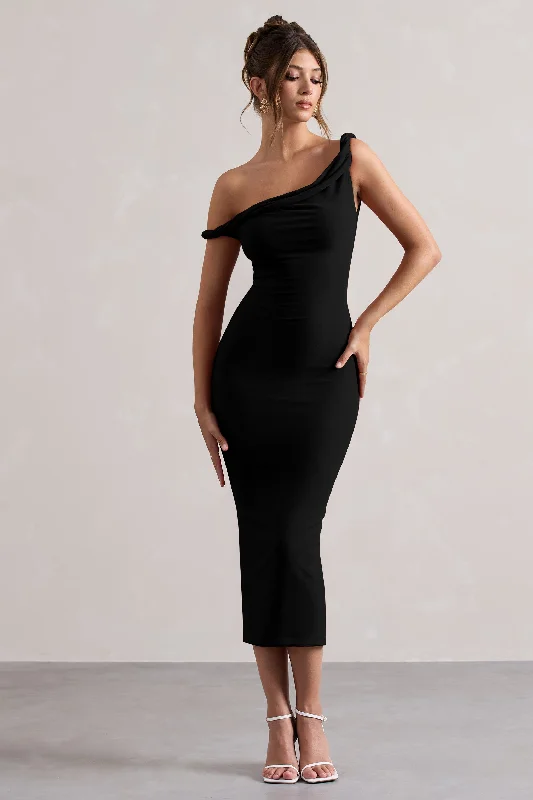 Trendy Styles Salome | Black Twisted Asymmetric Midi Dress Romantic Date - Night Ensemble