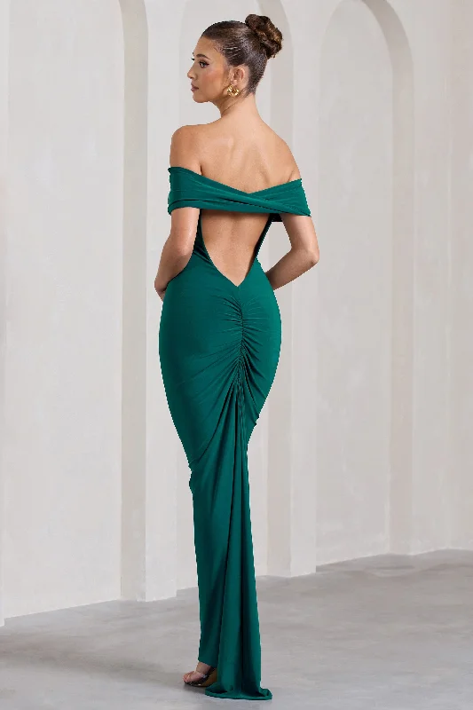 Popular Collection Vivienne | Bottle Green Bardot Open-Back Maxi Dress Timeless Elegant