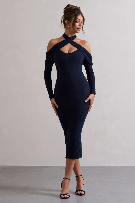 Embrace New Fashion Duet | Navy Rib Knit Halter-Neck Midi Dress With Cut-Out Seasonal Trend