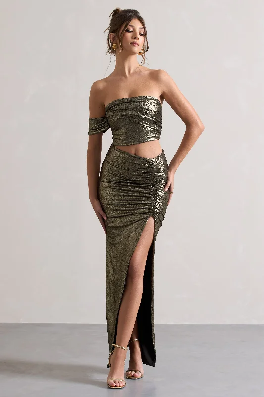 Absurdly Cheap Sale Gilded | Gold Metallic One-Sleeved Cut-Out Split Maxi Dress Statement Piece