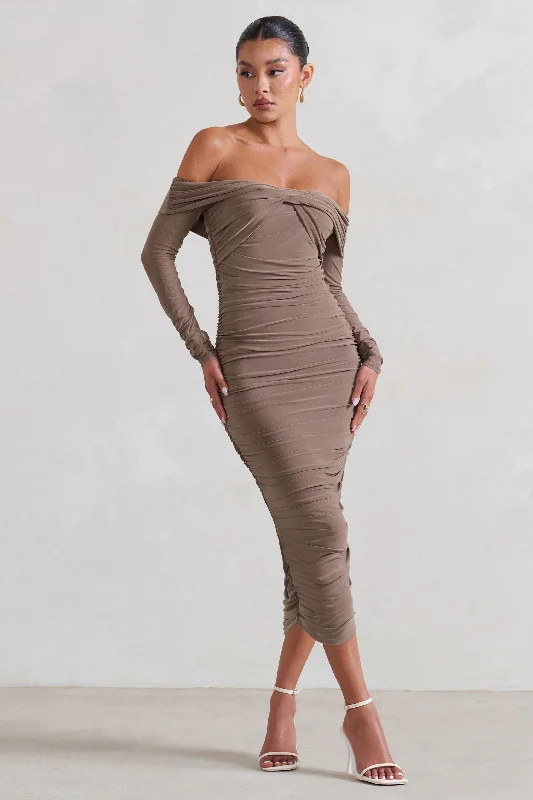 Mega Sales Neva | Mocha Bardot Twist Midi Dress Chic Allure