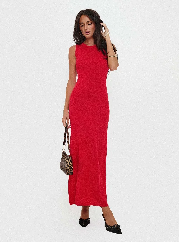 Discount Extravaganza Maebie Knit Maxi Dress Red Classic Timeless Elegant Style