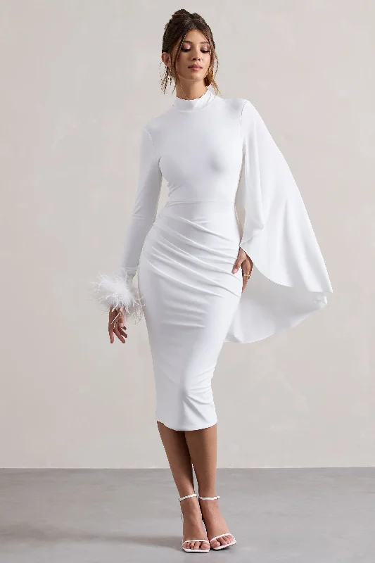 Easy Elegance Sales Tamika | White High-Neck Cape-Sleeve Midi Dress With Feathers Elevated Style