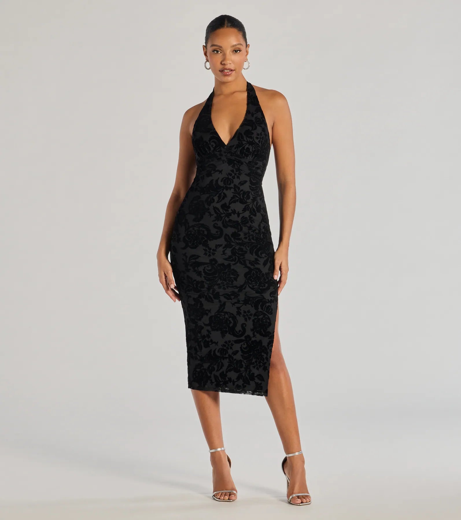 Limited Edition Refined Charm Flocked Velvet Halter Midi Dress Soft Textures