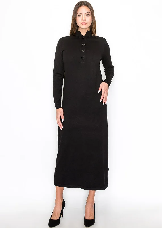 Flash Sale Now Black Knit Midi Dress with Button Detail Charming Silhouette