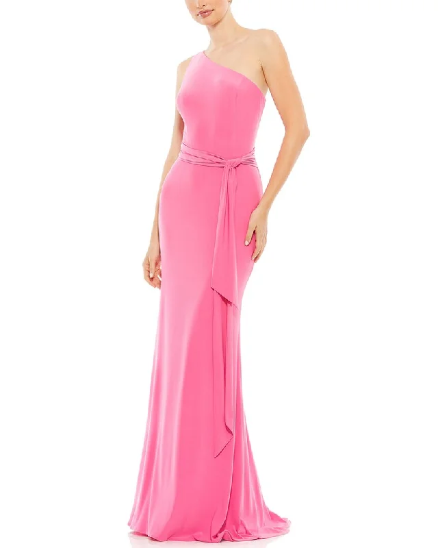 Budget Friendly Mac Duggal Jersey One Shoulder Belted Trumpet Gown Casual Weekend Relaxed Style