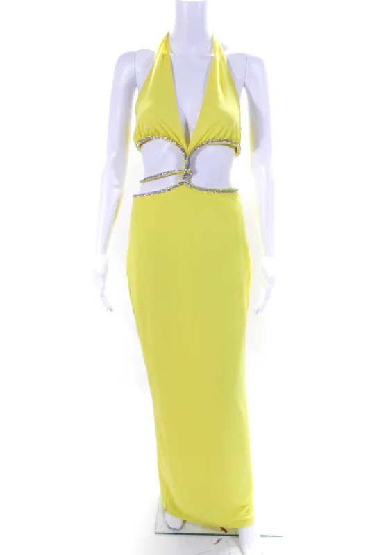 Massive Savings Meshki Womens Jeweled Cut Out Sleeveless Evening Gown Yellow Elegant Contour