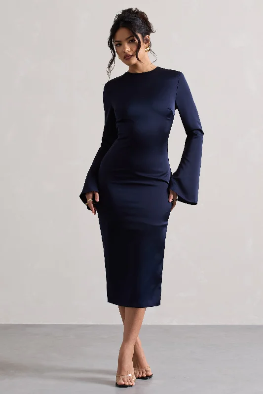 Durable Fashion Picks Zaina | Navy Long Sleeve Midi Dress with High Neckline Subtle Sophistication