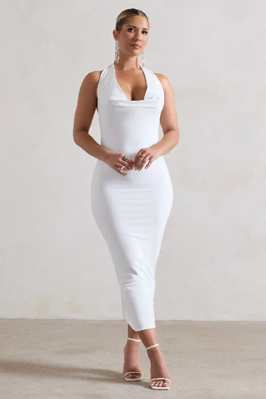 Explore What'S New Roulette | White Cowl-Neck Midi Dress Y2K Nostalgic Fashion Look