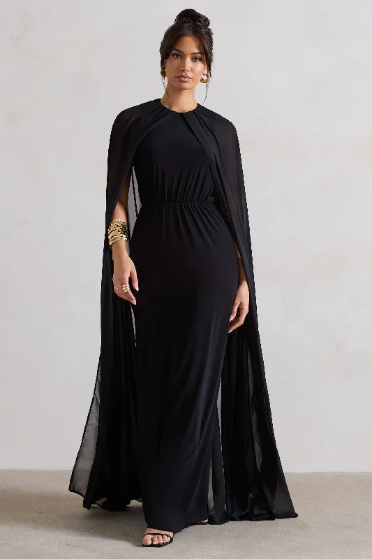 Timeless Style Promotions Envy | Black Gathered Maxi Dress With Chiffon Cape Luxe Layering