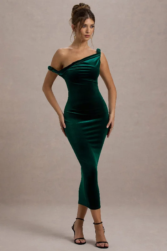 Find Your Unique Flair Carella | Bottle Green Velvet Twisted Asymmetric Midi Dress Effortless Comfort