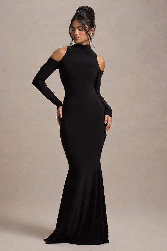 Elegant Fashion Offers Catarina | Black Turtle-Neck Long-Sleeve Maxi Dress With Cold Shoulders Classic Timeless Elegant Style