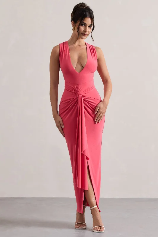 Flash Sales Santana | Coral Plunge-Neck Split Maxi Dress With Knot Detail Hollywood Glam Award - Show Style