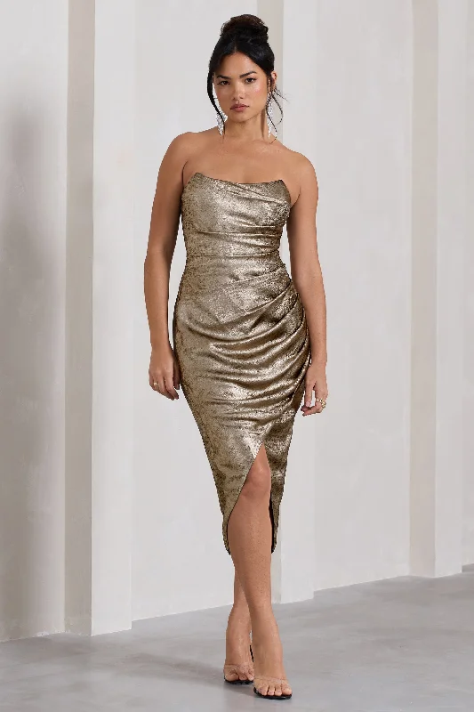 Summer Fashion Blizzard | Gold Metallic Corset Wrap Midi Dress Final Clearance