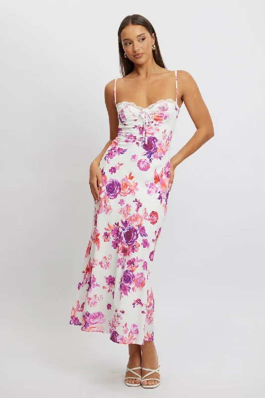 Fresh Fashion Discounts White Floral Maxi Dress Back Tie Satin Sophisticated Cut