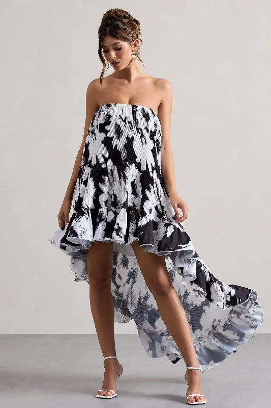 Bold Style Discounts Whistler | Monochrome Floral Chiffon Bandeau High-Low Ruffled Maxi Dress Exquisite Craftsmanship