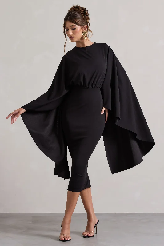 Fresh Styles, Fresh Deals Tranquility | Black Gathered Midi Dress With Cape Elevated Style