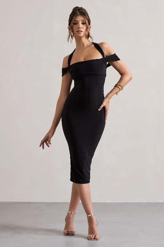 Discover Promotions Marla | Black Halter-Neck Draped-Sleeve Midi Dress Today Only